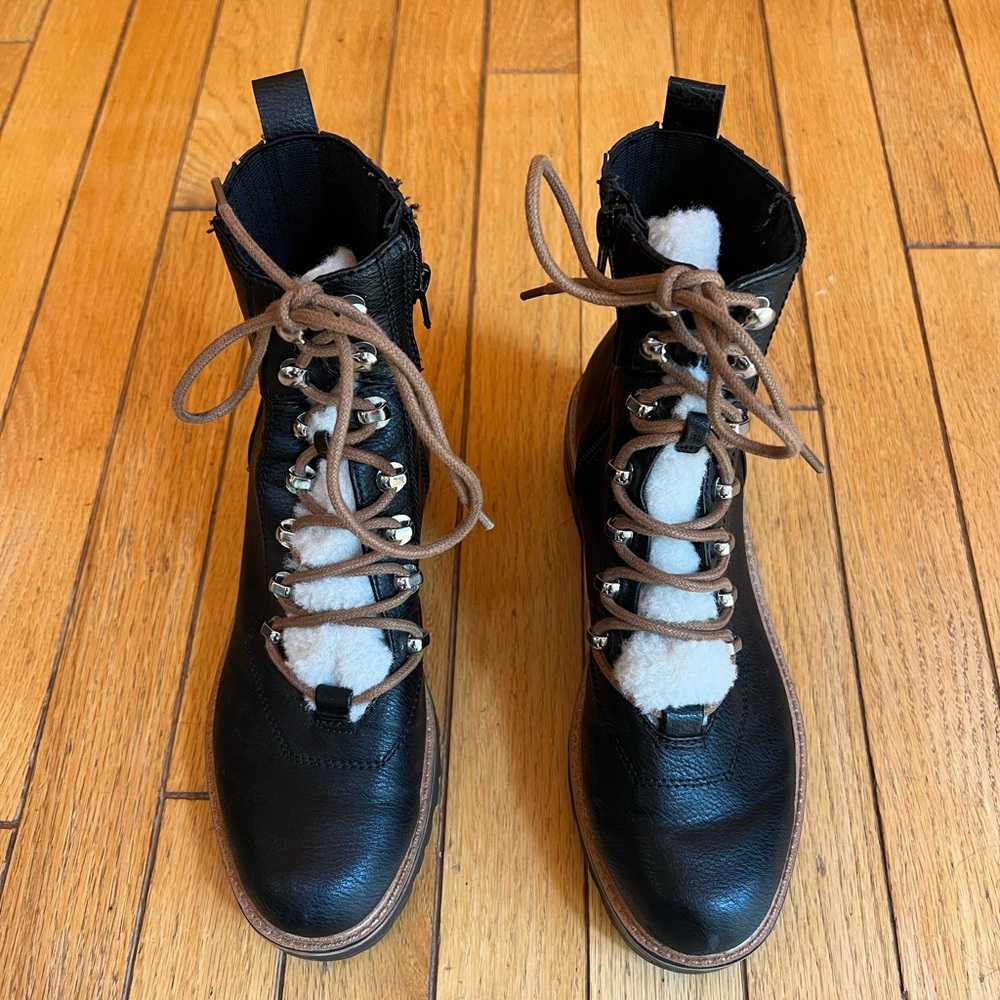 Black leather faux fur boots
